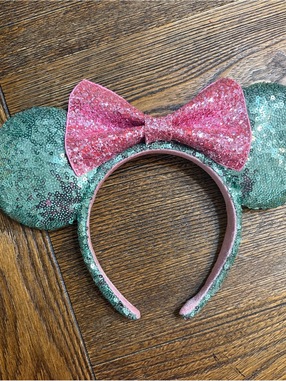 Disney ears - Green Sequin Minnie Ears Headband with Pink Glitter Bow